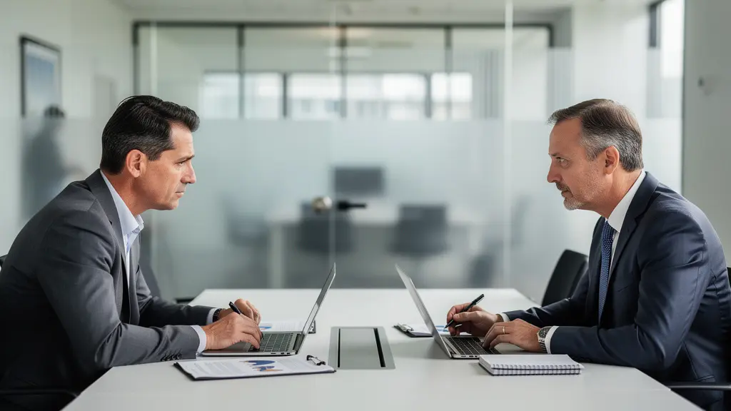 Two business professionals discussing compensation compliance in conference room meeting