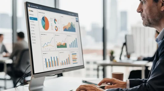 Revenue operations professional reviewing sales compensation data on monitor in modern office