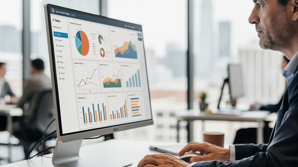 Revenue operations professional reviewing sales compensation data on monitor in modern office