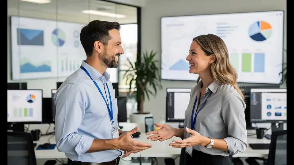 Sales professionals in animated discussion on modern tech office sales floor
