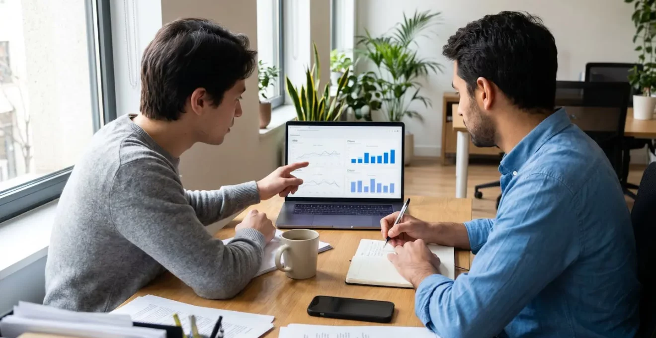 Two business professionals reviewing customer retention data on laptop screen in modern office workspace
