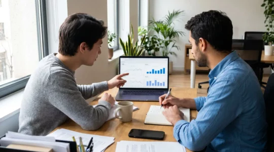 Two business professionals reviewing customer retention data on laptop screen in modern office workspace