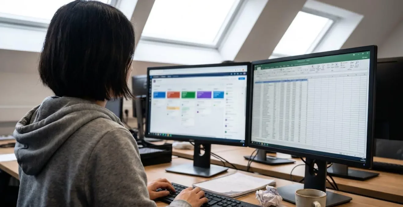 Sales operations professional working at dual-monitor setup managing commission calculations across CRM and spreadsheet applications