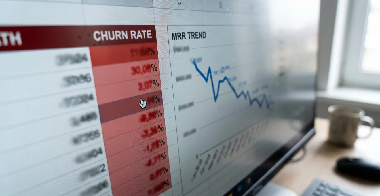 Computer screen displaying financial spreadsheet with highlighted churn rate column showing negative percentages and declining monthly recurring revenue trends